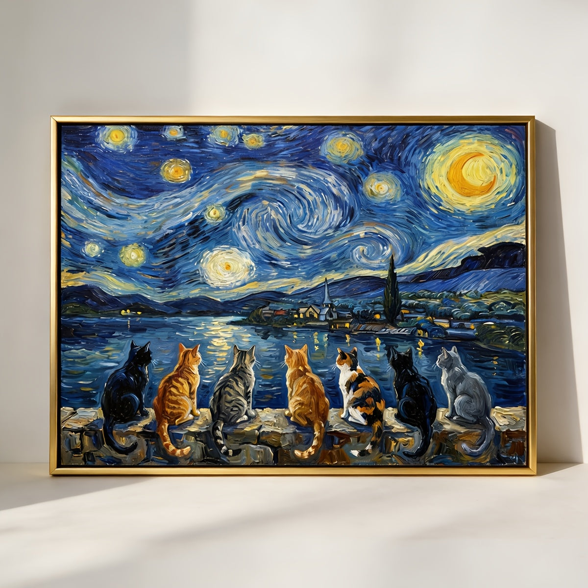 2D Flat, 2D Flat, Posters And Prints 1pc Unframed Van Gogh Starry Night Cats Canvas Wall Art Print, Funny Cats Watching Starry Sky Oil Painting Poster, Famous Artwork with Cats Parody Art, Halloween Decorations, Christmas Decorations
