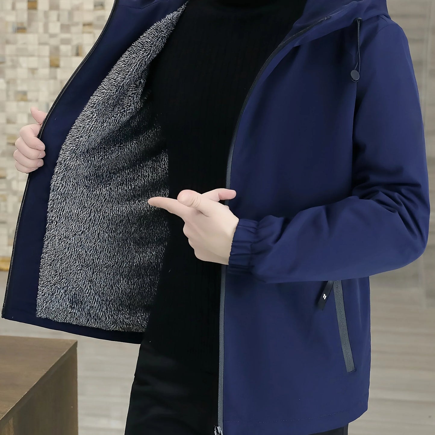 Men'S Heavy-Duty Fleece Jacket - Windproof Zip-Up Coat with Full-Zip Closure, Hooded Winter Coat for Cold Weather, Non-Stretch Fabric for Everyday & Formal Events