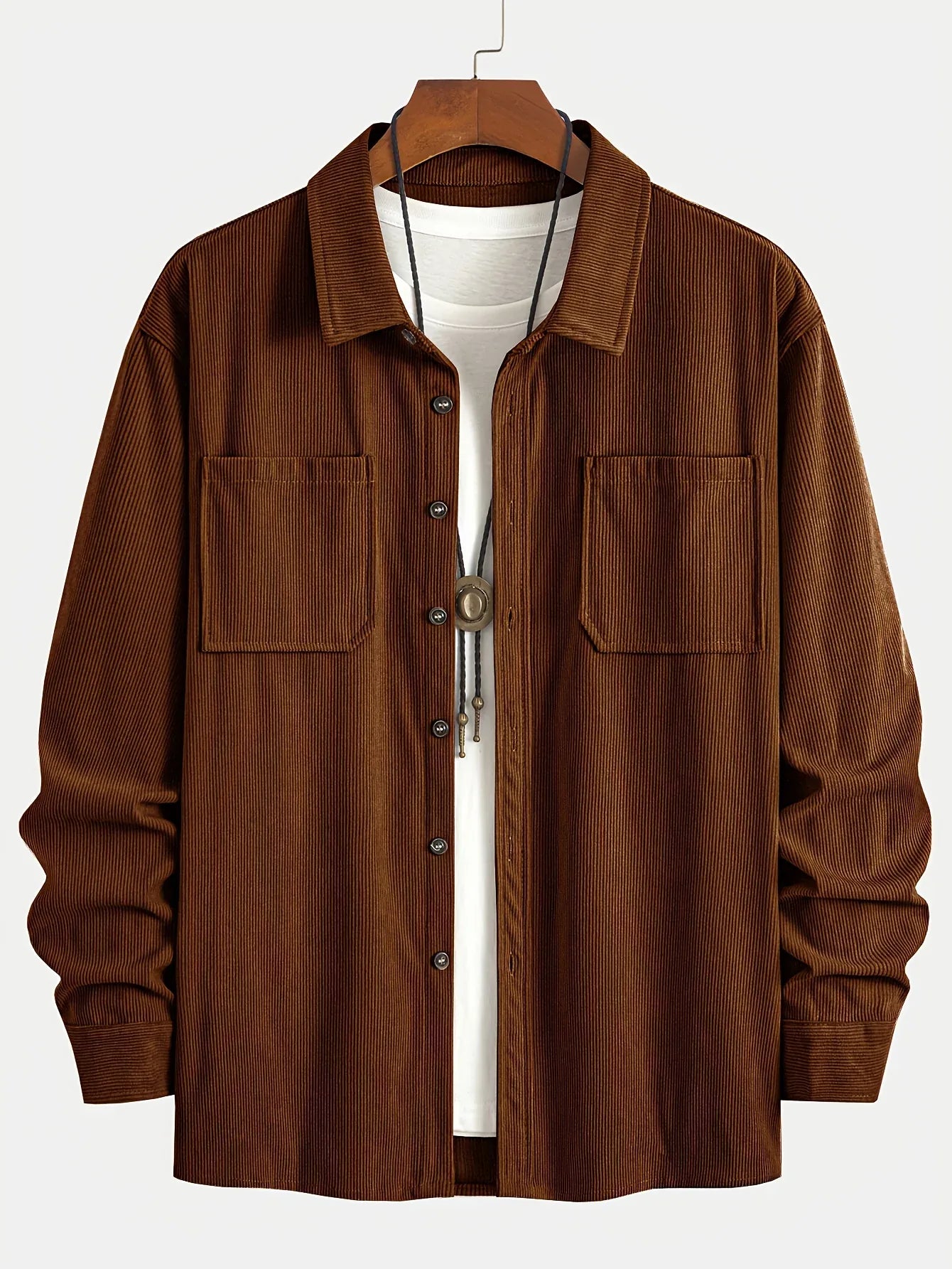 Men'S Corduroy Casual Shirt Jacket - Classic Collar, Button-Up Long Sleeve with Double Chest Pockets, Light Blue, Perfect for Spring & Fall, Everyday Fashion, Street Style, and Office Wear