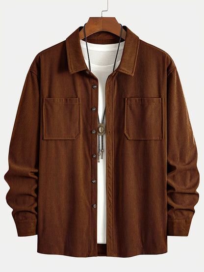 Men'S Corduroy Casual Shirt Jacket - Classic Collar, Button-Up Long Sleeve with Double Chest Pockets, Light Blue, Perfect for Spring & Fall, Everyday Fashion, Street Style, and Office Wear