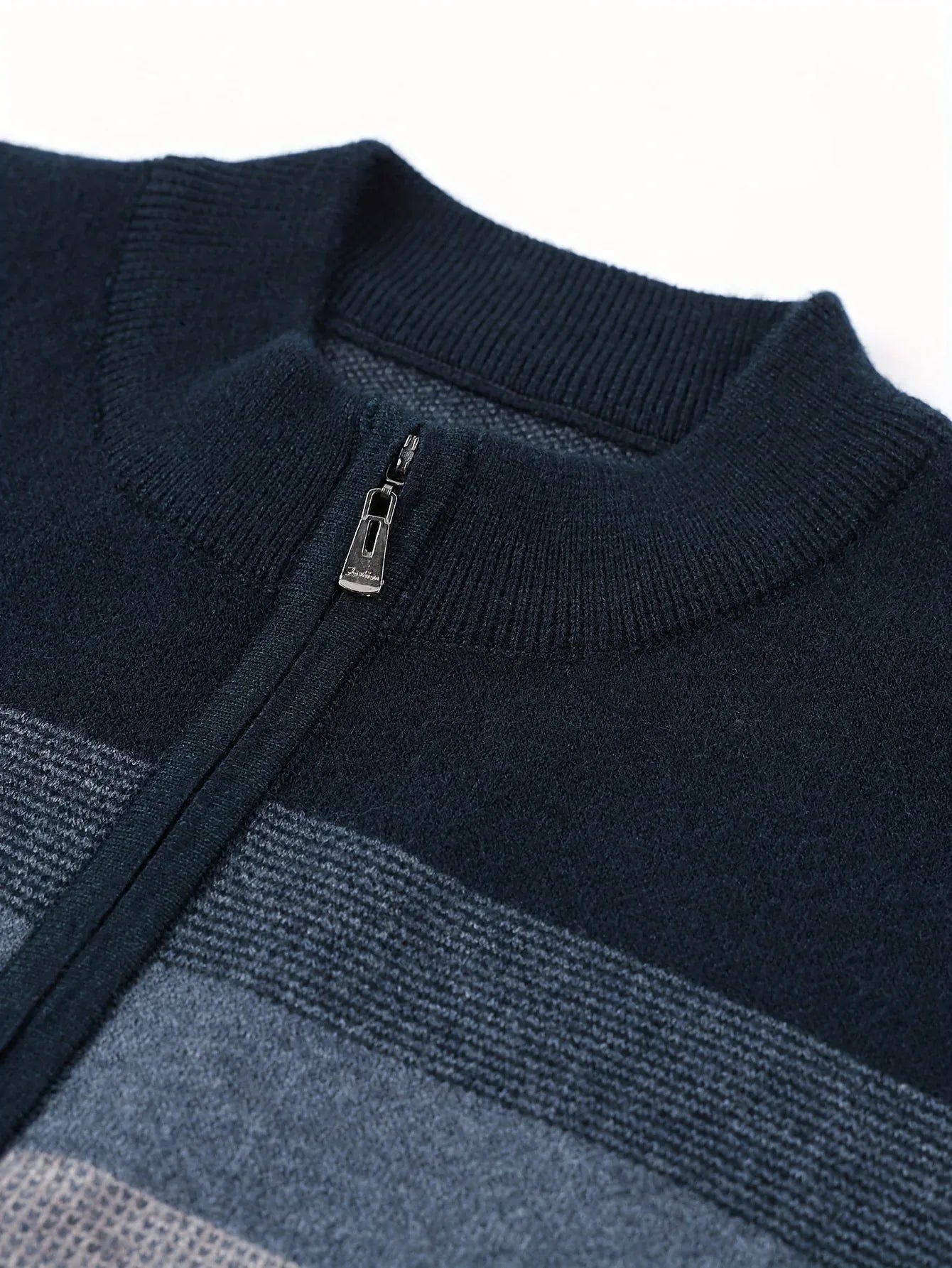 Men's Heavyweight Striped Mandarin Collar Zipper Sweater Jacket - Half-Zip Winter Knit Coat with Fish Tail Hem, Multi-Color (Navy/Beige/Tan/Brown/) for Casual, Outdoor & Holiday Events - Hand Washable Warm Blazer