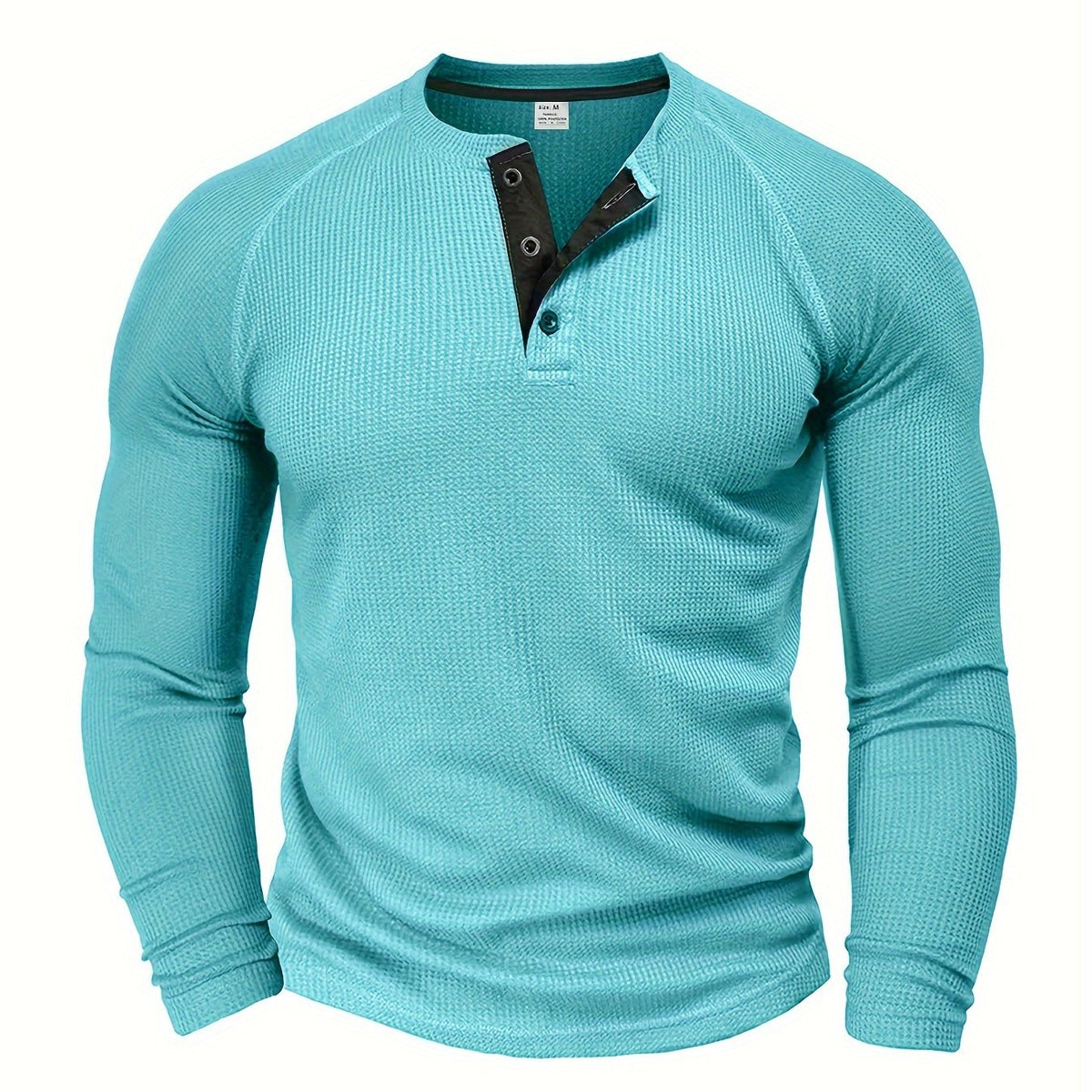 Men'S Long Sleeve T-Shirt Round Neck Open Style Pullover Henley Shirt Men'S Solid Color Fashion Versatile Top - Sky Blue / NZ 36