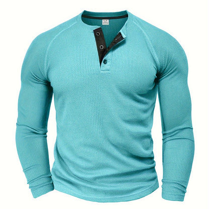 Men'S Long Sleeve T-Shirt Round Neck Open Style Pullover Henley Shirt Men'S Solid Color Fashion Versatile Top - Sky Blue / NZ 36