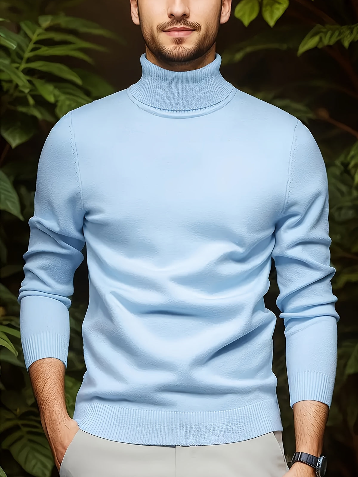 Cross-border New Autumn-Winter Men's Solid Color Turn- Collar Pullover Knit Sweater