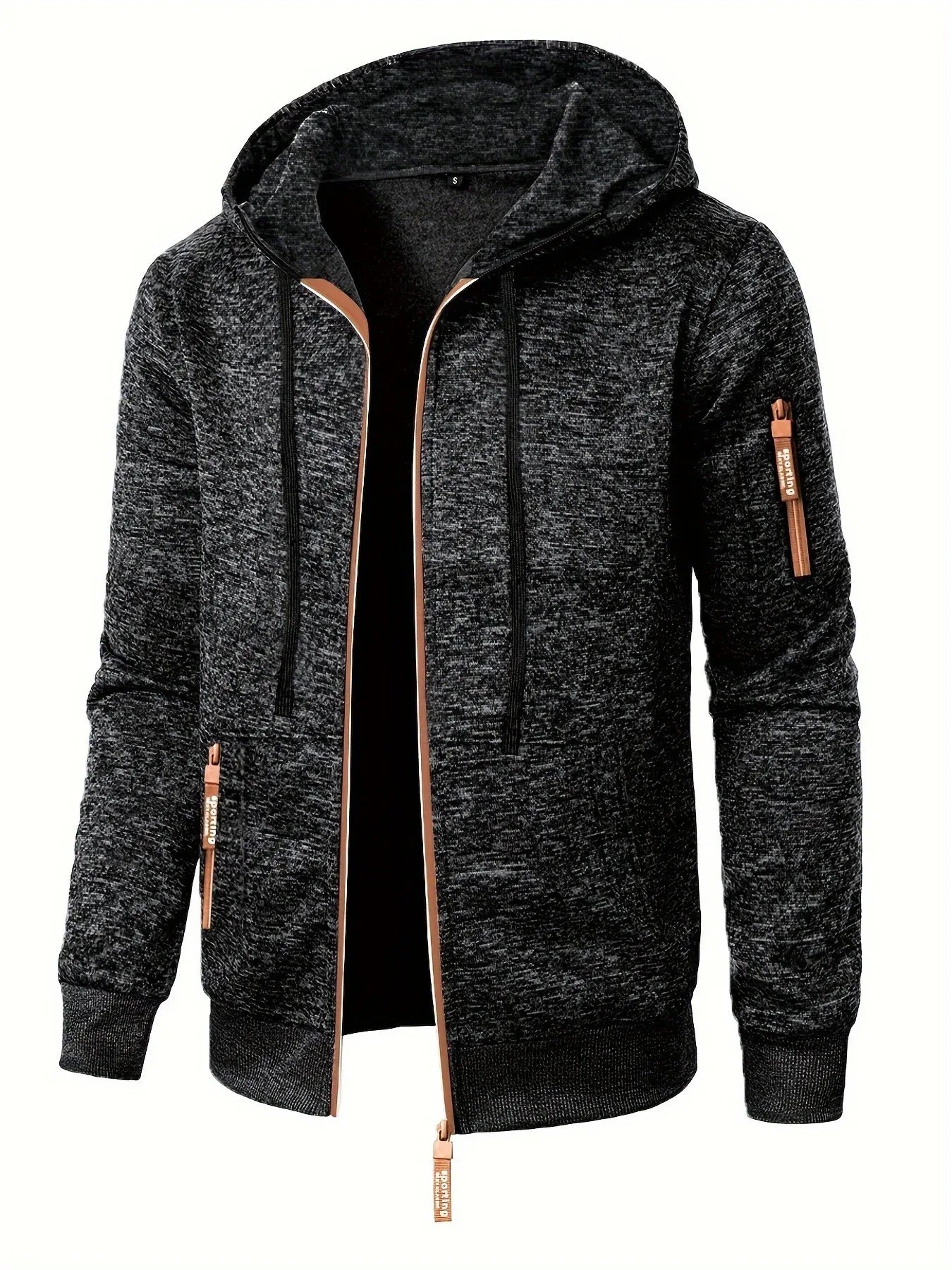 Men'S Hooded Zip-Up Sweater Jacket - Long Sleeve Thin Fleece-Lined Casual Outerwear with Front Pockets, Solid Black, Regular Fit for Fall & Winter, Autumn Winter Apparel | Hooded Sweater | Zippered Jacket, Knit, Men Hoodie Zi