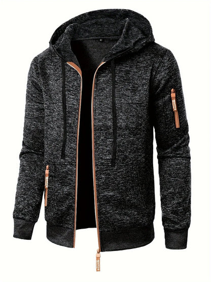 Men'S Hooded Zip-Up Sweater Jacket - Long Sleeve Thin Fleece-Lined Casual Outerwear with Front Pockets, Solid Black, Regular Fit for Fall & Winter, Autumn Winter Apparel | Hooded Sweater | Zippered Jacket, Knit, Men Hoodie Zi
