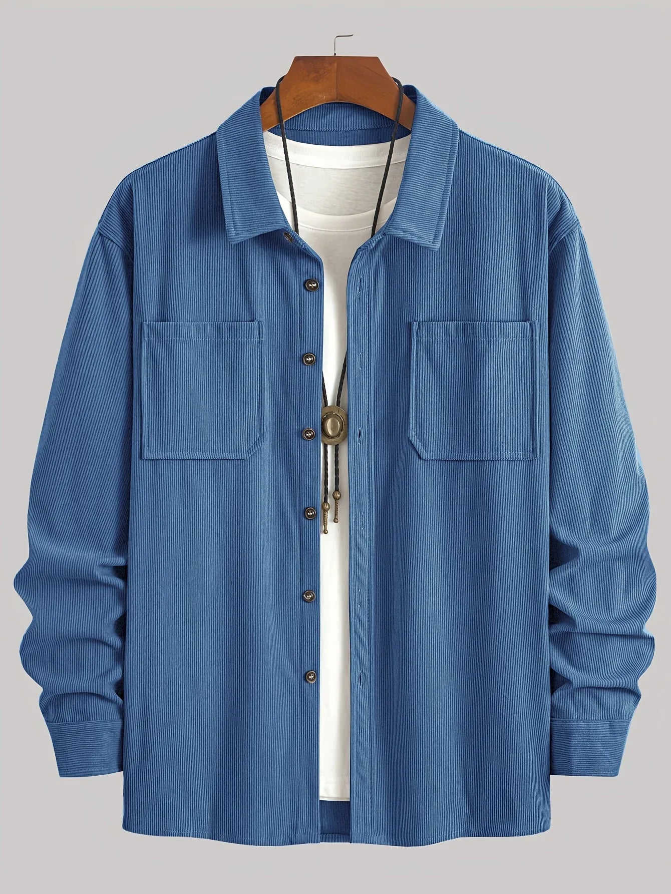 Men'S Corduroy Casual Shirt Jacket - Classic Collar, Button-Up Long Sleeve with Double Chest Pockets, Light Blue, Perfect for Spring & Fall, Everyday Fashion, Street Style, and Office Wear