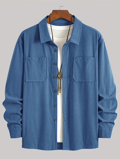 Men'S Corduroy Casual Shirt Jacket - Classic Collar, Button-Up Long Sleeve with Double Chest Pockets, Light Blue, Perfect for Spring & Fall, Everyday Fashion, Street Style, and Office Wear
