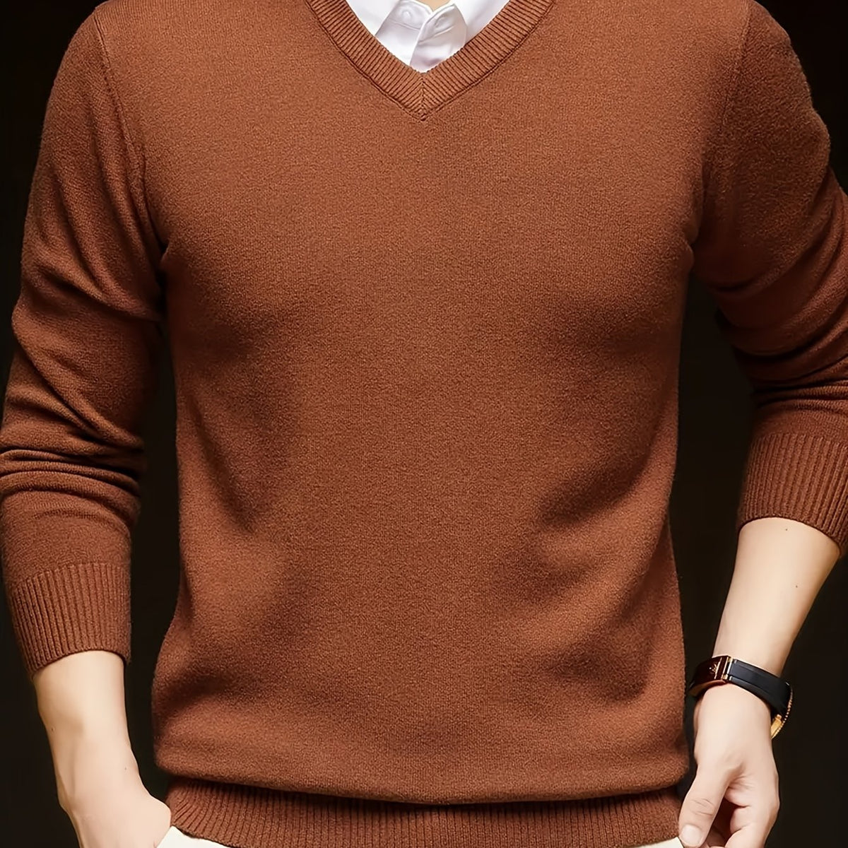 Cross-Border New Autumn Winter Men'S Solid Color V-Neck Knit Sweater Pullover (Men'S Warm Top) - Chocolate / NZ 36