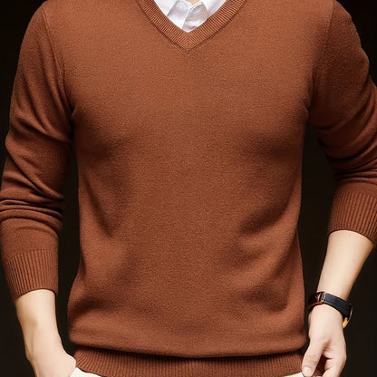 Cross-Border New Autumn Winter Men'S Solid Color V-Neck Knit Sweater Pullover (Men'S Warm Top) - Chocolate / NZ 36