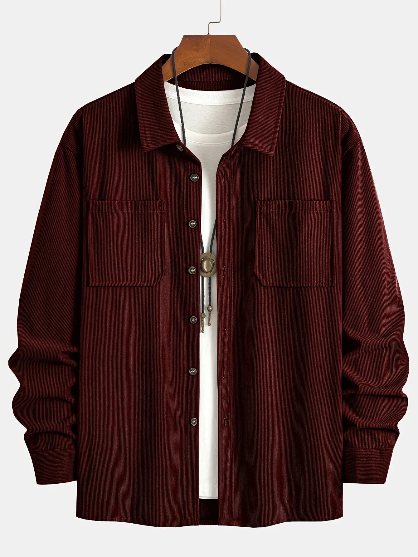 Men'S Corduroy Casual Shirt Jacket - Classic Collar, Button-Up Long Sleeve with Double Chest Pockets, Light Blue, Perfect for Spring & Fall, Everyday Fashion, Street Style, and Office Wear