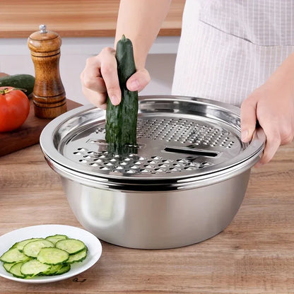 Montero Milan 3pcs HEROBABY Stainless Steel Kitchen Prep Set with Integrated Grinder, Multifunctional Filter & Mixing Bowl - Heavy-Duty 201 Grade Dishwasher- Drainage System for Slicing, Chopping Fruits, Vegetables, Cheese (All-in-One