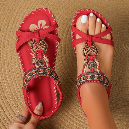 Women's Elegant Rhinestone Butterfly Flat Sandals - Comfortable Slip-On with Secure Elastic Strap for Summer - Montero Milan