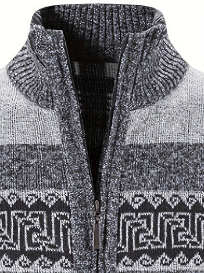 Men's Thermal Fleece-Lined Sport Knit Sweater with Zipper Pockets - Ethnic Wave Pattern, Stand Collar, Long Sleeve for Hiking, Cycling & Casual Winter Wear - Father’s Day Gift, Winter Knit Fabric