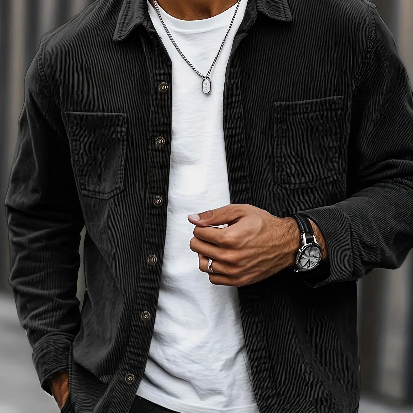 Men'S Corduroy Casual Shirt Jacket - Classic Collar, Button-Up Long Sleeve with Double Chest Pockets, Light Blue, Perfect for Spring & Fall, Everyday Fashion, Street Style, and Office Wear