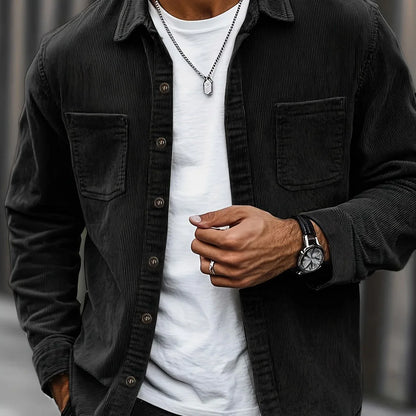 Men'S Corduroy Casual Shirt Jacket - Classic Collar, Button-Up Long Sleeve with Double Chest Pockets, Light Blue, Perfect for Spring & Fall, Everyday Fashion, Street Style, and Office Wear