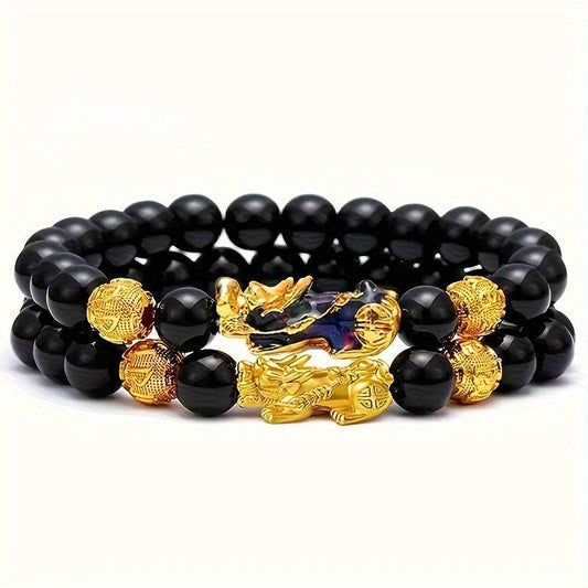 2 Pieces Natural Tiger Eye Stone Pixiu Charm Good Luck Bracelet for Men - Montero Milan