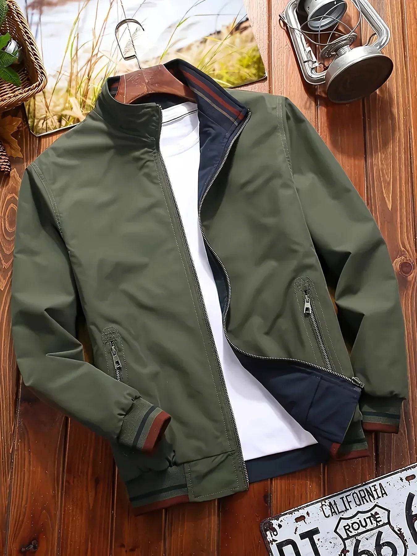 Men'S All-Season Casual Double-Sided Zip-Up Jacket with Stand Collar - Relaxed Fit Olive Green & Navy Blue Two-Tone Design, Front Zipper Closure, Functional Pockets, Durable Fabric for Casual Attire, Lightweight Layering, Mod