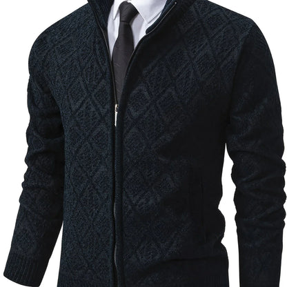 Men's Knitted Sweater Korean Style Autumn and Winter Trendy Casual Stand Collar Cardigan Jacket for Men, Comfortable and Versatile Rhombus Pattern