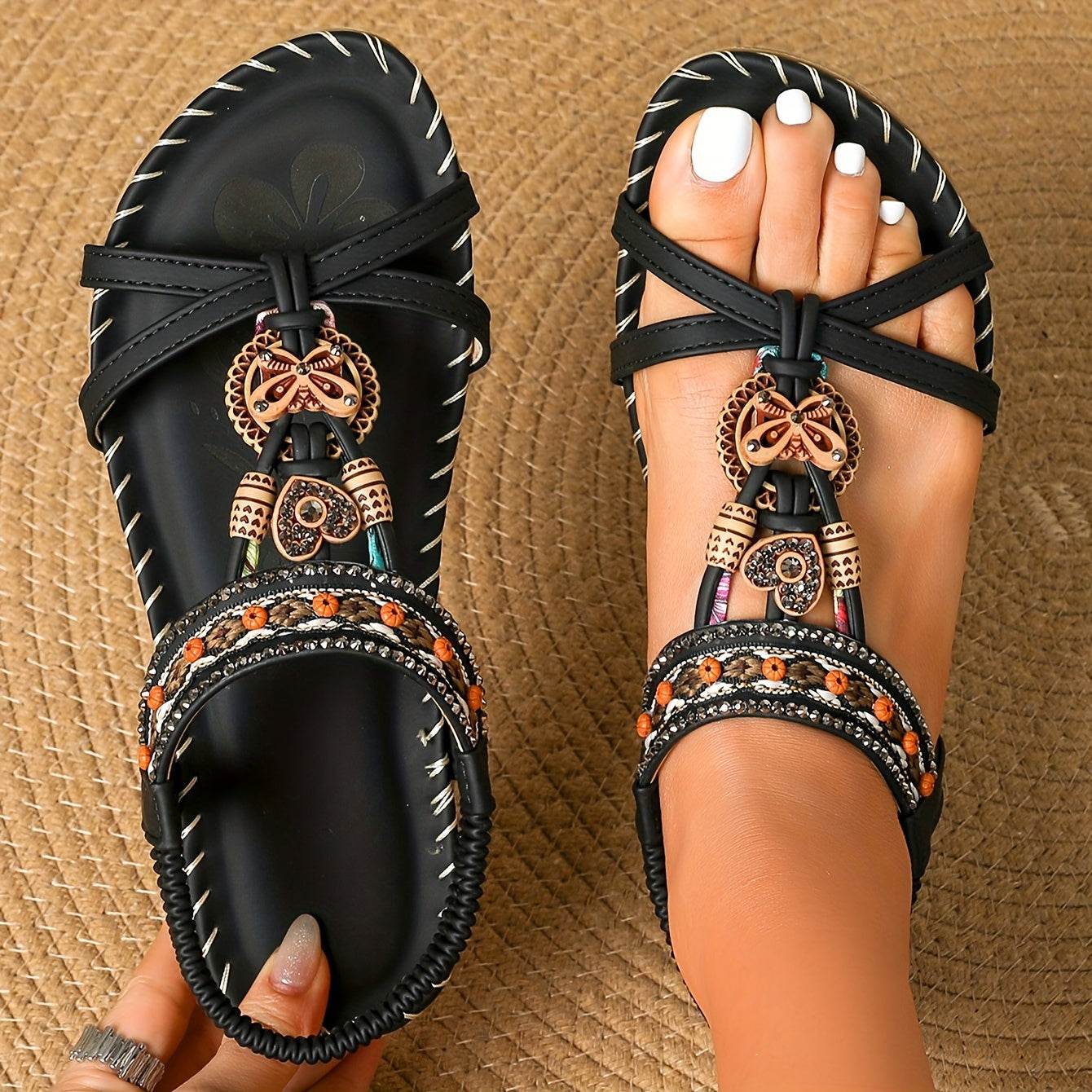 Women's Elegant Rhinestone Butterfly Flat Sandals - Comfortable Slip-On with Secure Elastic Strap for Summer - Montero Milan