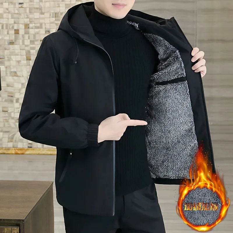 Men'S Heavy-Duty Fleece Jacket - Windproof Zip-Up Coat with Full-Zip Closure, Hooded Winter Coat for Cold Weather, Non-Stretch Fabric for Everyday & Formal Events