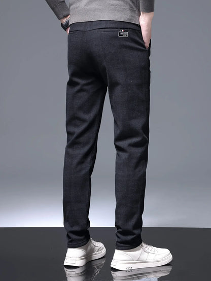 Men's Slim-Fit Plaid Casual Pants - Stretchy, Warm Fleece-Lined for Fall/Winter, Machine Washable