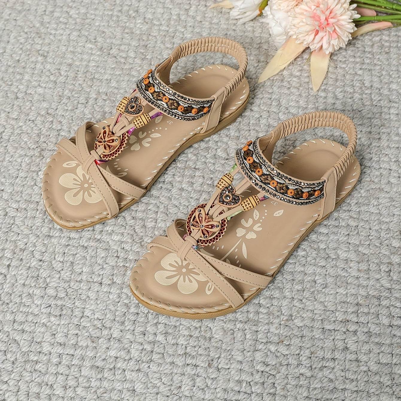 Women's Elegant Rhinestone Butterfly Flat Sandals - Comfortable Slip-On with Secure Elastic Strap for Summer - Montero Milan