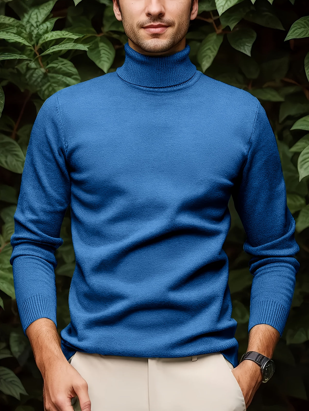 Cross-border New Autumn-Winter Men's Solid Color Turn- Collar Pullover Knit Sweater