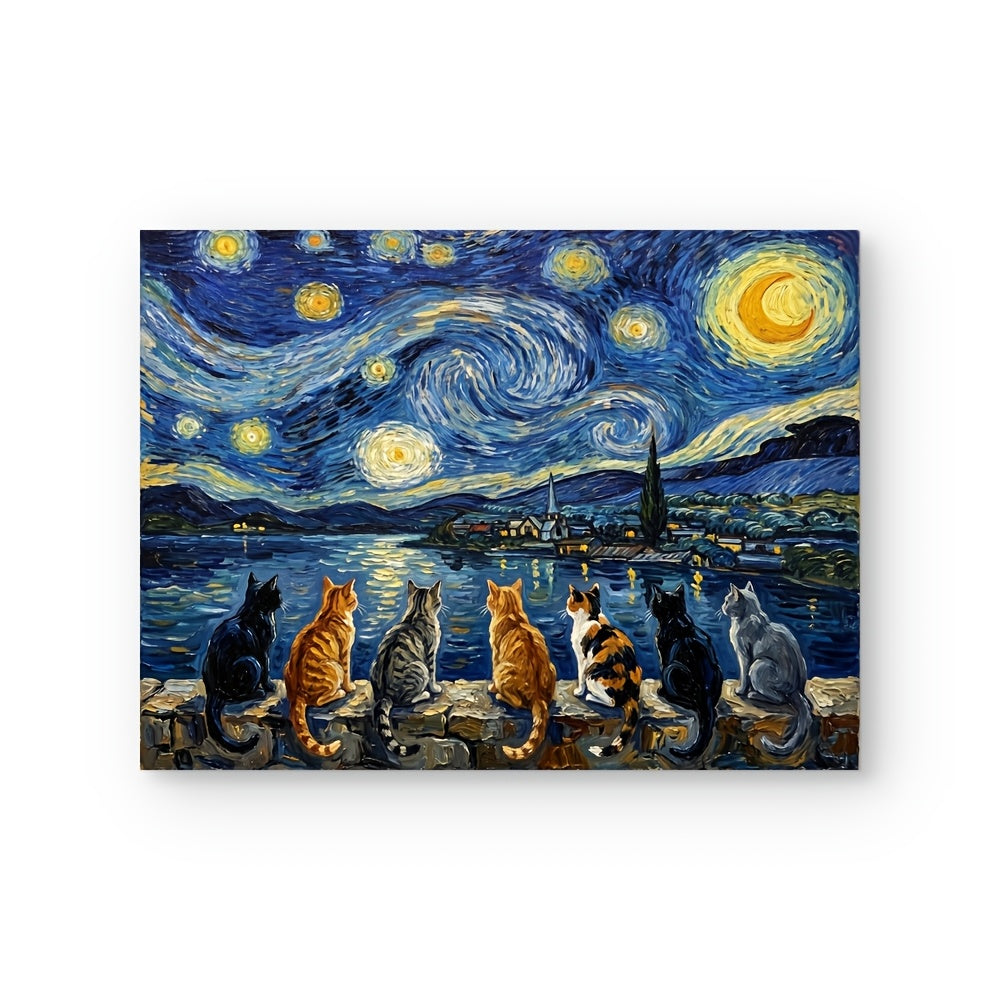 2D Flat, 2D Flat, Posters And Prints 1pc Unframed Van Gogh Starry Night Cats Canvas Wall Art Print, Funny Cats Watching Starry Sky Oil Painting Poster, Famous Artwork with Cats Parody Art, Halloween Decorations, Christmas Decorations