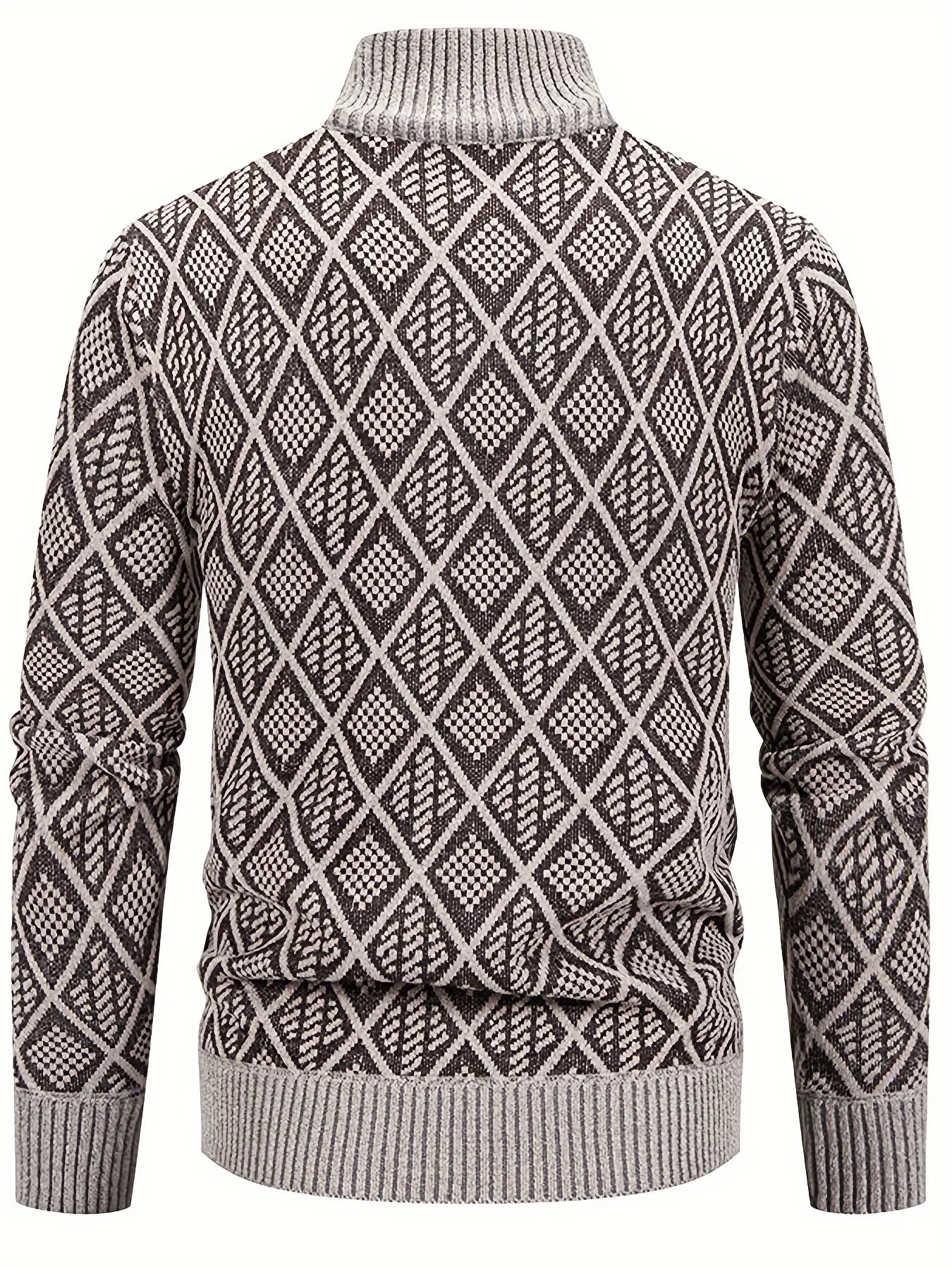 Men's Knitted Sweater Korean Style Autumn and Winter Trendy Casual Stand Collar Cardigan Jacket for Men, Comfortable and Versatile Rhombus Pattern