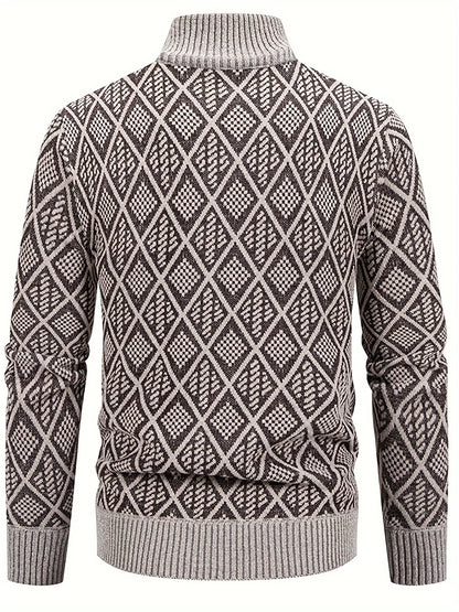 Men's Knitted Sweater Korean Style Autumn and Winter Trendy Casual Stand Collar Cardigan Jacket for Men, Comfortable and Versatile Rhombus Pattern