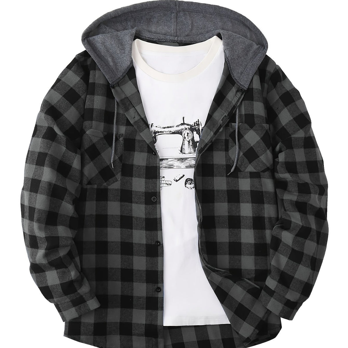 Men's Fashion Hooded Plaid Trendy Shirt Hooded Plaid Sweatshirt, Autumn/Winter Essentials, New Season - Dark Gray / NZ 36