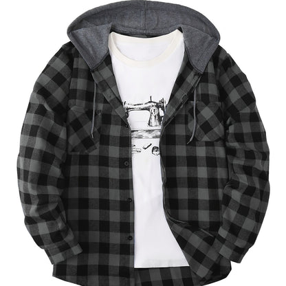 Men's Fashion Hooded Plaid Trendy Shirt Hooded Plaid Sweatshirt, Autumn/Winter Essentials, New Season - Dark Gray / NZ 36