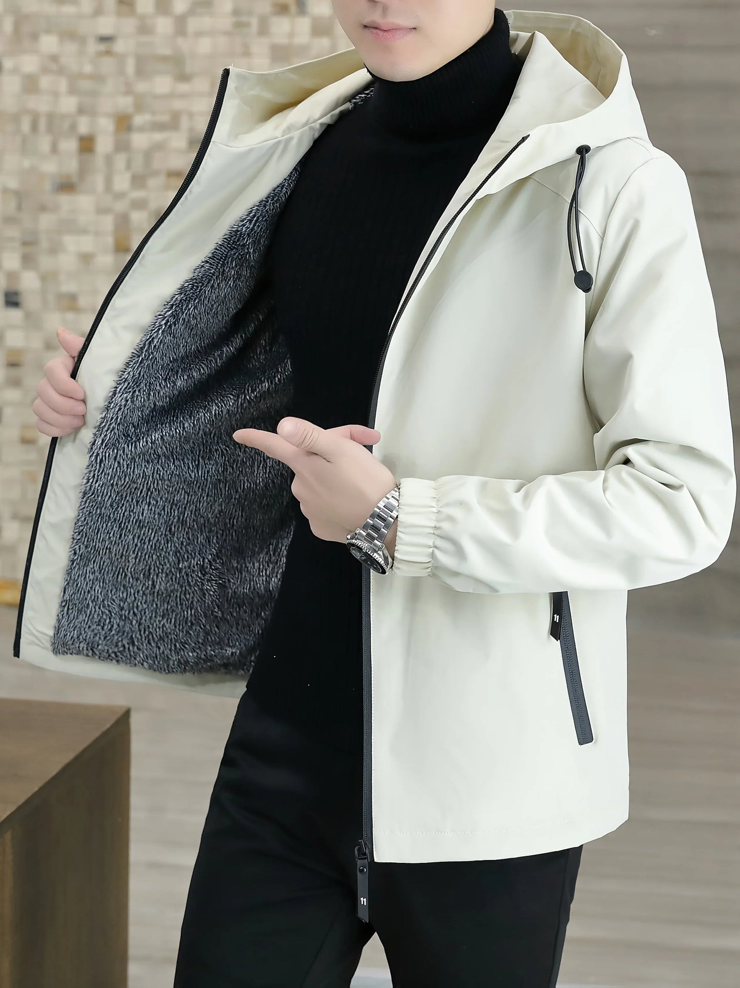 Men'S Heavy-Duty Fleece Jacket - Windproof Zip-Up Coat with Full-Zip Closure, Hooded Winter Coat for Cold Weather, Non-Stretch Fabric for Everyday & Formal Events
