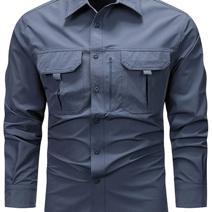 Spring And Autumn Casual Men's Long Sleeve Sunscreen Quick-drying Shirt With Multi-pockets For Outdoor Fishing
