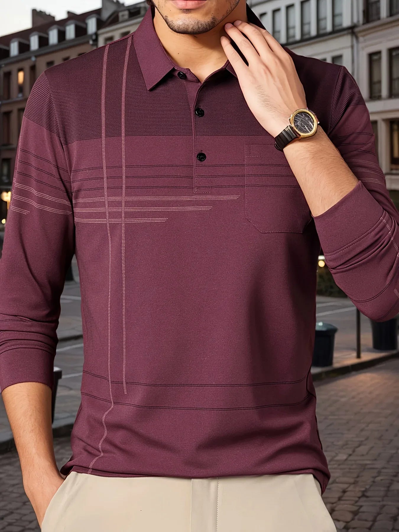 Men's Vintage-Inspired Striped Shirt with Chest Pocket - Breathable, Long Sleeve, Button Detail for Golf & Outdoor Activities