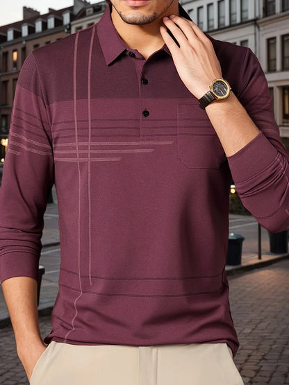 Men's Vintage-Inspired Striped Shirt with Chest Pocket - Breathable, Long Sleeve, Button Detail for Golf & Outdoor Activities