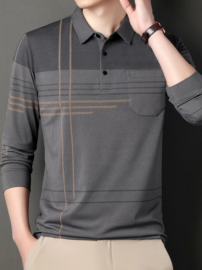 Men's Vintage-Inspired Striped Shirt with Chest Pocket - Breathable, Long Sleeve, Button Detail for Golf & Outdoor Activities