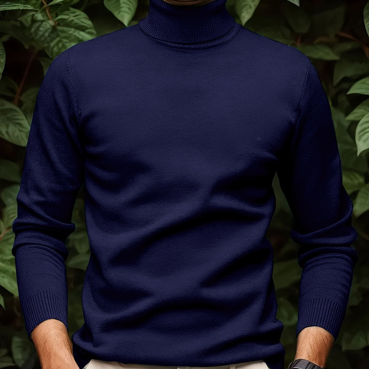 Cross-border New Autumn-Winter Men's Solid Color Turn- Collar Pullover Knit Sweater - Navy Color / NZ 36