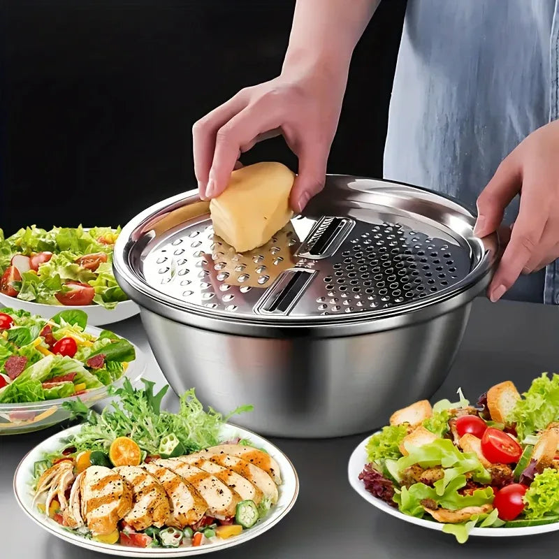 Montero Milan 3pcs HEROBABY Stainless Steel Kitchen Prep Set with Integrated Grinder, Multifunctional Filter & Mixing Bowl - Heavy-Duty 201 Grade Dishwasher- Drainage System for Slicing, Chopping Fruits, Vegetables, Cheese (All-in-One