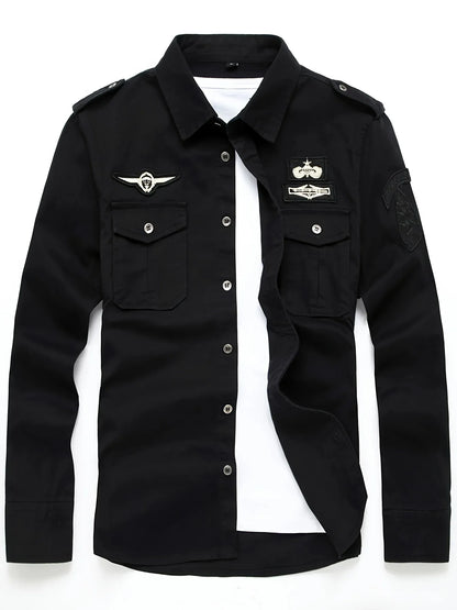 Autumn Long Sleeve Shirt for Men, Outdoor Plus Size Military Style Loose Fit Top, Pure Cotton High-Density Twill Casual Workwear Shirt, Thin Twill Long Sleeve Workwear