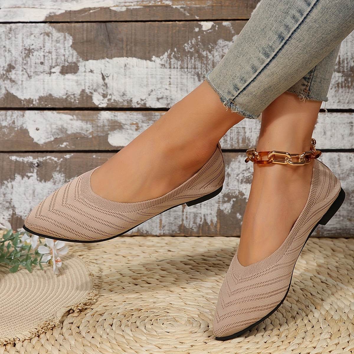[Pointed Toe Breathable Flats] Women's Pointed Toe Flat Shoes, Solid Color Knitted Slip On Shoes, Casual Breathable Ballet Flats - Montero Milan