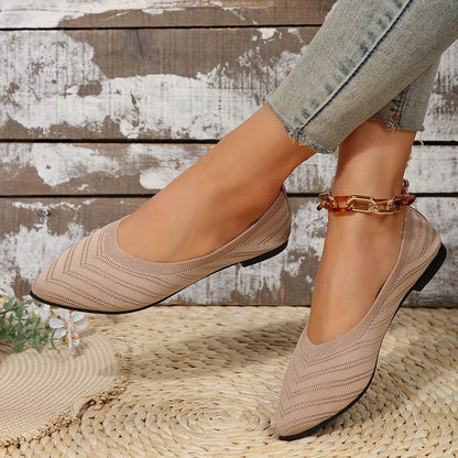 [Pointed Toe Breathable Flats] Women's Pointed Toe Flat Shoes, Solid Color Knitted Slip On Shoes, Casual Breathable Ballet Flats - Montero Milan