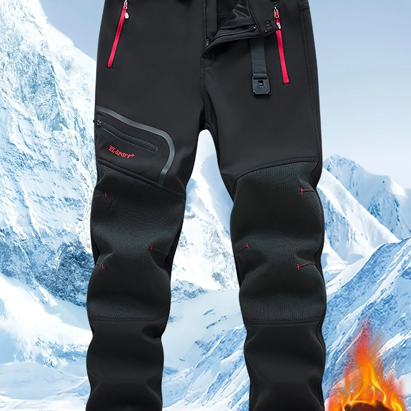 Men's Warm Windproof Cargo Pants with Belt & Zippered Pockets - Olive Green, Black & Yellow Accents, Perfect for Winter Outdoor Activities & Casual Wear, Winter Clothes