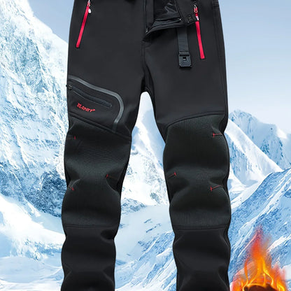 Men's Warm Windproof Cargo Pants with Belt & Zippered Pockets - Olive Green, Black & Yellow Accents, Perfect for Winter Outdoor Activities & Casual Wear, Winter Clothes