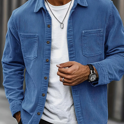 Men'S Corduroy Casual Shirt Jacket - Classic Collar, Button-Up Long Sleeve with Double Chest Pockets, Light Blue, Perfect for Spring & Fall, Everyday Fashion, Street Style, and Office Wear
