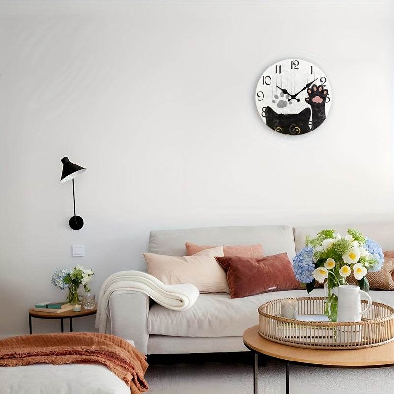 Charming Cat Wooden Silent Wall Clock Battery Powered - Montero Milan