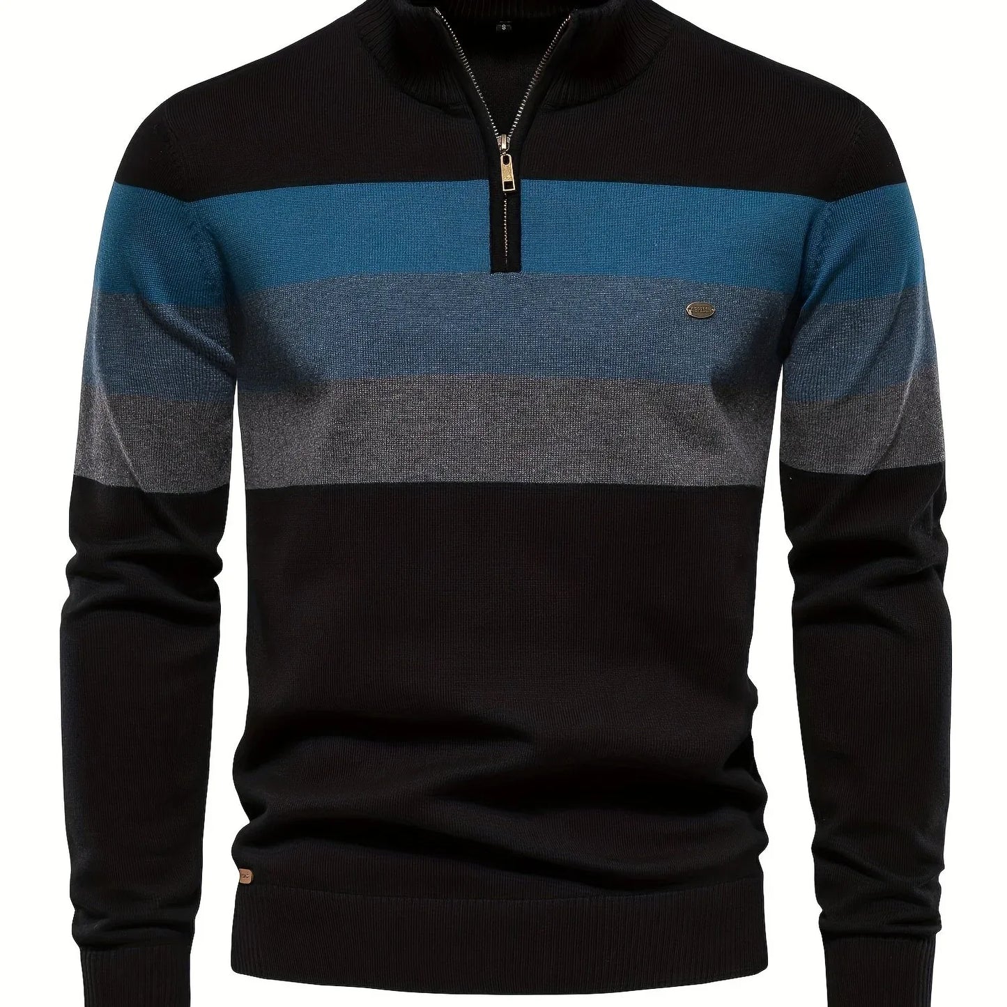 Men'S Thermal Stand Collar Sweater - Winter Knit Sweater with Zipper Closure, Black/Blue/Gray Horizontal Stripes, Regular Fit Pullover for Cold Weather, Formal & Everyday Outfits - Easy Care Sweater for Men, Sweater Zip Up, C