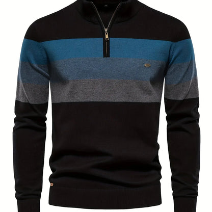 Men'S Thermal Stand Collar Sweater - Winter Knit Sweater with Zipper Closure, Black/Blue/Gray Horizontal Stripes, Regular Fit Pullover for Cold Weather, Formal & Everyday Outfits - Easy Care Sweater for Men, Sweater Zip Up, C