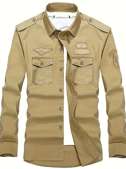 Autumn Long Sleeve Shirt for Men, Outdoor Plus Size Military Style Loose Fit Top, Pure Cotton High-Density Twill Casual Workwear Shirt, Thin Twill Long Sleeve Workwear